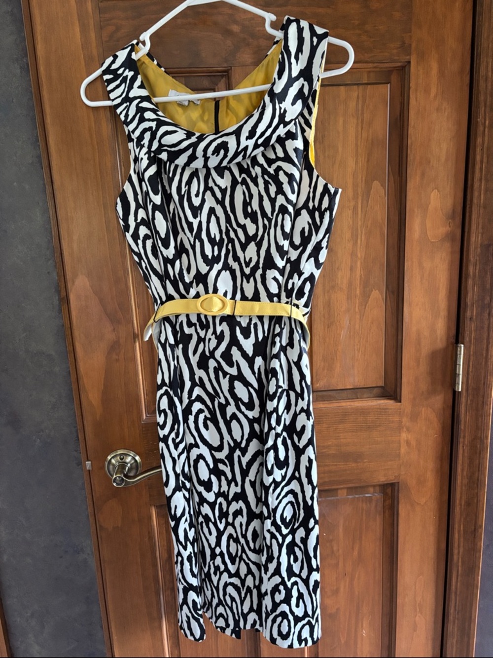 dressbarn Black and White Printed Midi Dress with Yellow Belt